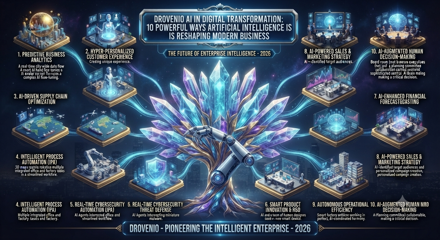 Drovenio AI in Digital Transformation: Business dashboard illustrating artificial intelligence, process automation, cloud technologies, and digital transformation across modern enterprises.