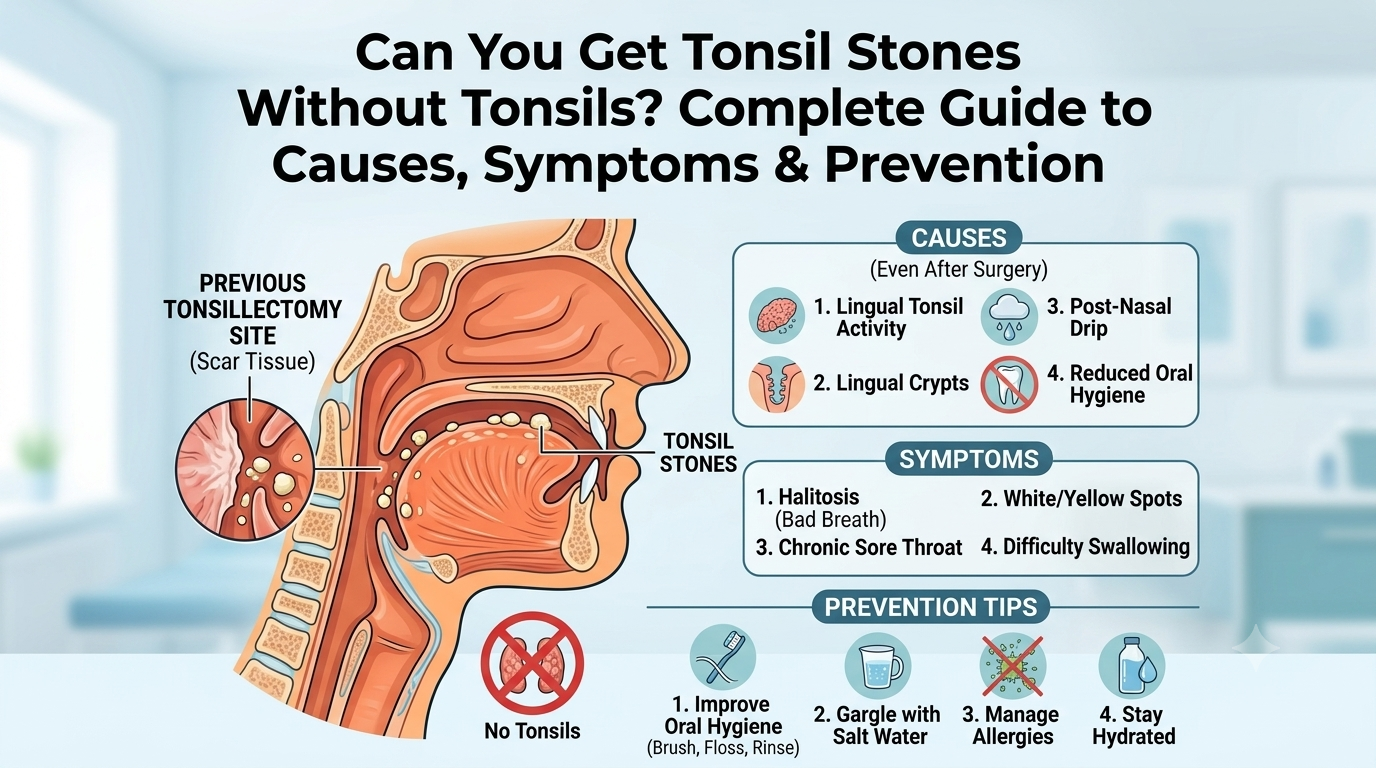 Can You Get Tonsil Stones Without Tonsils? featuring tonsil removal, throat debris, symptoms, possible causes, and prevention tips.