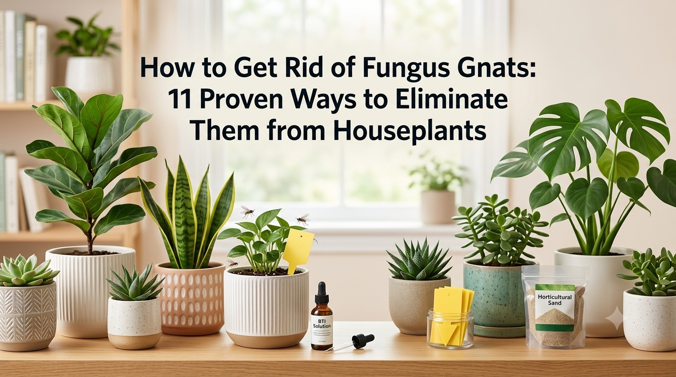 How to Get Rid of Fungus Gnats featuring sticky traps, soil treatment, houseplant care, natural remedies, and fungus gnat prevention.